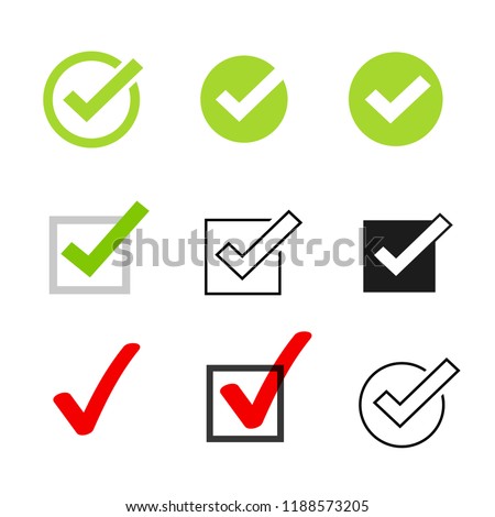 Сheckmarks checkbox tick icons vector symbol set, check mark confirmation collection isolated on white background, checked icon or correct choice sign,  or checkbox pictogram square round circle black