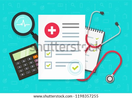 Medical health research report or contract vector, flat cartoon medicine or medicare record paper or insurance document work desk top view, concept of medicine check list, approved good test analyze