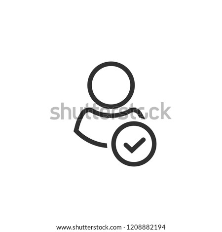 Profile with checkmark icon vector, line outline art user account accepted symbol with tick, approved or applied person sign, validation verified pictogram, authorized member isolated