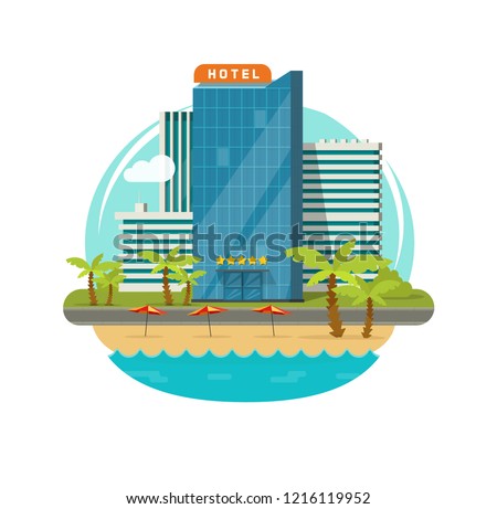 Hotel isolated near sea or seafront resort view vector illustration, flat cartoon modern eco hotel building on green grass, beach and promenade or street