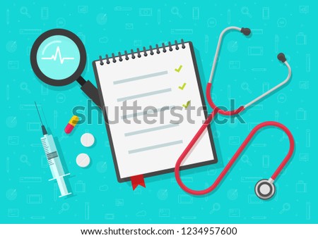 Medical checklist vector, flat cartoon health or medical notepad or notebook document on work desk top view with checkmarks, concept of medicine check list, approved good test analyze results