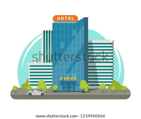 Hotel isolated tower on city street vector illustration, flat cartoon modern skyscraper hotel building near road landscape