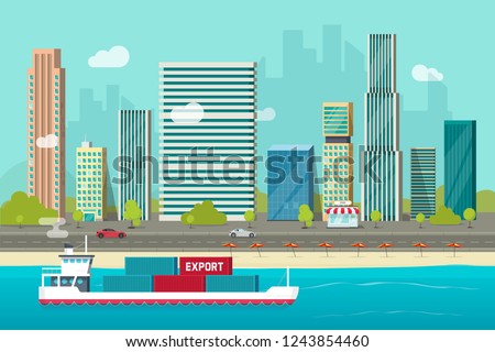 Heavy maritime container ship sailing in ocean or sea port with cargo containers vector illustration, flat cartoon shipping transportation vessel or containership floating near city shore harbor