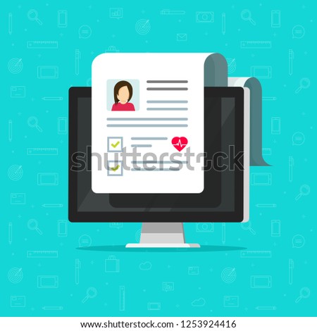 Medical test results document on computer vector icon, pc with online healthy electronic checklist results from, concept of on-line medicine, medical record data, internet diagnosis or personal