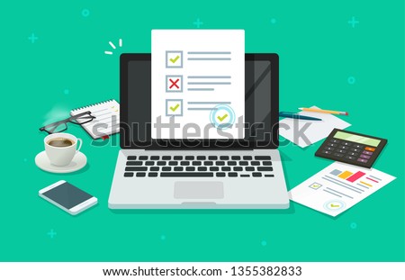 Online form survey on laptop vector illustration, working on computer quiz exam paper sheet document, on-line questionnaire results on desktop table flat cartoon, digital check list or internet test
