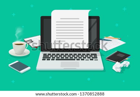 Writer workplace and computer paper sheet vector, flat cartoon 3d copywriter table creating electronic text file or book top view, writing letter or journal via laptop, journalism story, learning idea