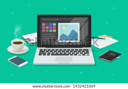 Photo or graphic editor on computer vector illustration, flat cartoon laptop screen with design or image editing software or program on workplace desktop table