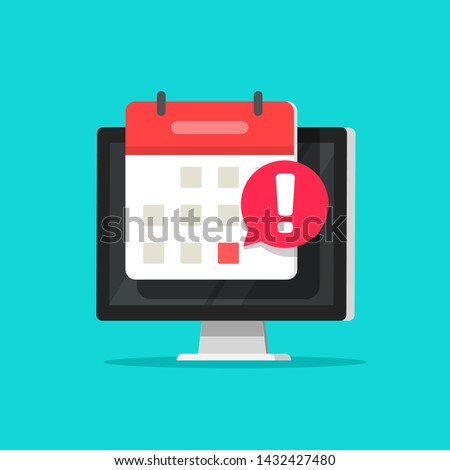 Calendar date alarm as deadline notification on computer screen vector symbol, flat cartoon event reminder scheduled on agenda icon isolated 