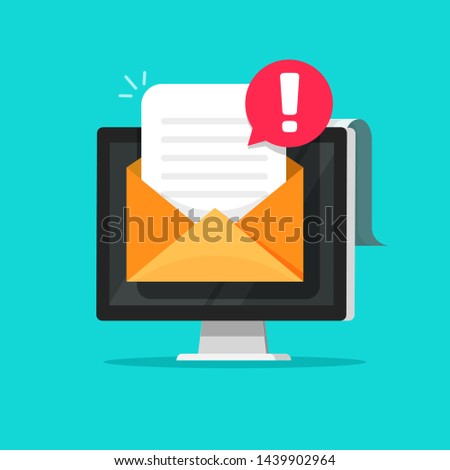 Email message important notice with spam or error alert vector illustration, flat cartoon computer screen envelope letter document with exclamation sign notice, warning data or attention messaging