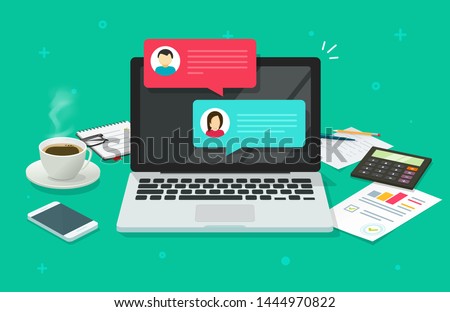 Chat messages on computer online vector illustration, flat cartoon workspace or working desk laptop pc with chatting bubble notifications, concept of people messaging on internet