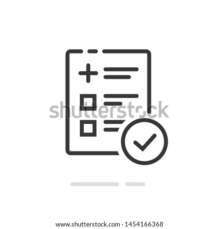 Medical form list with results data and approved check mark vector icon, line outline art clinical checklist document with checkbox symbol, insurance or medicine service sign, prescription record