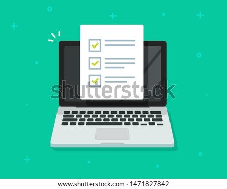 Checklist document on laptop vector illustration. flat cartoon computer with  paper checklist and to do list with checkboxes, concept of survey. online quiz, completed things or done test, feedback.