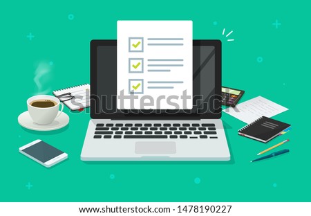 Checklist document on laptop and working desk vector. Cartoon computer with checkmarks document or to do list with checkboxes, concept of survey. Online quiz or done test, feedback or workplace table.