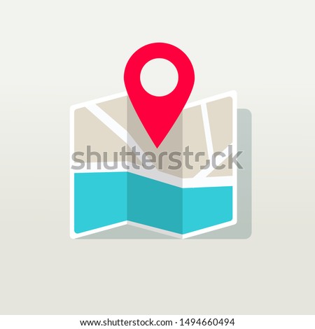 Travel direction place on map marked with pointer symbol vector illustration, flat cartoon map destination and red pin spot icon, idea of gps or navigation route sign 