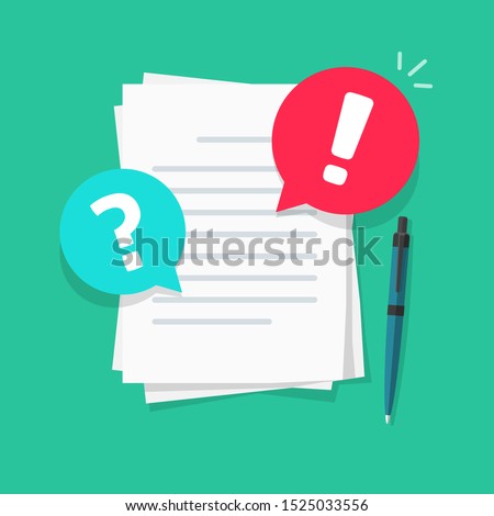 Text file or document comments and remarks notice vector illustration, flat cartoon warning or caution alert messages on paper letter content, attention notification chat error and question bubbles