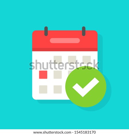 Calendar with checkmark or tick icon vector, flat cartoon event reminder with check mark as approved or schedule date symbol isolated