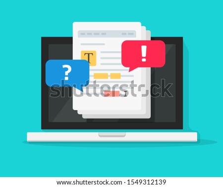 Text document editing together on computer vector, flat cartoon laptop with shared file collaborated with highlighted text editor and chat comments notifications, concept of docs online sharing notice