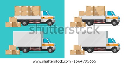 Cargo truck loading parcel package boxes or delivery van vehicle vector illustration, flat cartoon industrial automobile or car with freight, idea of postal logistics or warehouse courier isolated