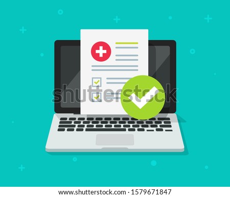 Medical prescription digital document or online test results report on laptop computer screen vector illustration, pc with online healthy electronic check list from, distance internet medicine