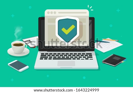 Computer laptop online protection shield on internet browser web site or pc with secure connection website vector flat cartoon illustration, security or privacy data access modern design