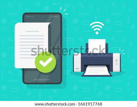 Print document on printer wirelessly via mobile phone or smartphone wifi connection with file printing fax or ink jet vector flat cartoon illustration modern design, concept of air or bluetooth print