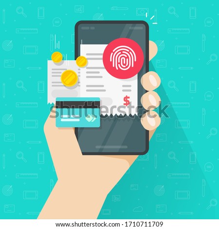 Payment online bills via credit bank card and touch fingerprint id on mobile phone or electronic digital paying concept on smartphone via thumbprint vector flat, cellphone transaction invoice receipt Photo stock © 