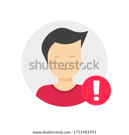 User profile caution or important notice identification vector icon, personal fake account or fraud risk data alert notification vector flat male man symbol, web person id safety message isolated
