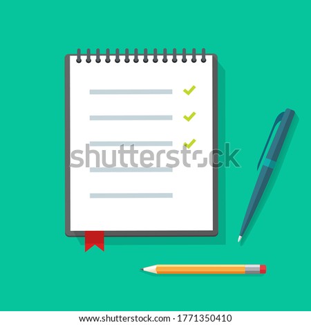 Diary paper notepad or notebook vector flat illustration with to do check list and pen pencils on table desk, checklist with checkmarks notes on spiral sheet page