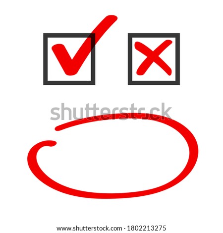 Poll vote check box and marker circle correct choice answer hand drawn icons vector, yes no check box list ticks doodle red, x close cross and ok checkmark, right wrong, approved declined form element