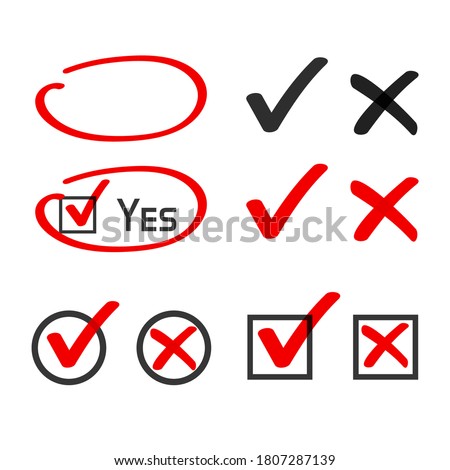 Yes no check box list marker ticks, felt tip pen highlight vector, handwritten x close cross, ok doodle poll vote checkmark, right wrong drawing, approved declined decision form element, accept deny