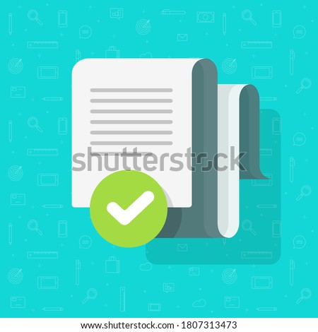 Document agreement and verified check mark vector, text file approved checkmark tick flat cartoon, concept of audit confirmation notice or inspection note, quality success with correct assessment Stock foto © 