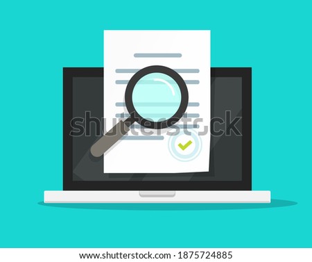 Online compliance document inspection, statement terms audit review on laptop computer vector flat, digital electronic agreement contract analysis,  page verification, evaluation or assessment report