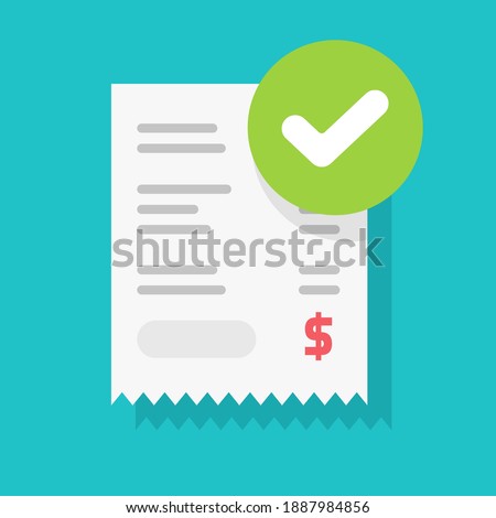 Success approved payment check mark notification on paper receipt bill invoice vector flat cartoon icon, valid verified notice checkmark on successful paid online, completed money transfer or purchase
