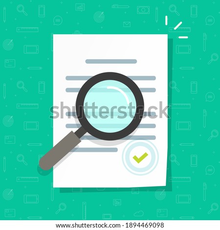Business legal document expertise or inspection vector icon flat cartoon, concept of order review, corporate file quality revision, law agreement research, office docs audit check modern design