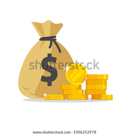 Money bag or cash sack near coins stack icon vector flat cartoon illustration isolated on white background, idea of earnings profit, savings, treasure modern design