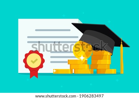 Tuition grant certificate, education study money, diploma expenses cost, learning success investment, graduation degree document fee vector flat cartoon illustration, scholarship savings, expensive