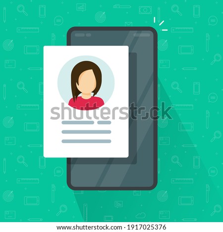 Digital candidate personal contact information data review on mobile cell phone vector flat cartoon illustration, concept of cellular smartphone my account profile icon with credentials customer info