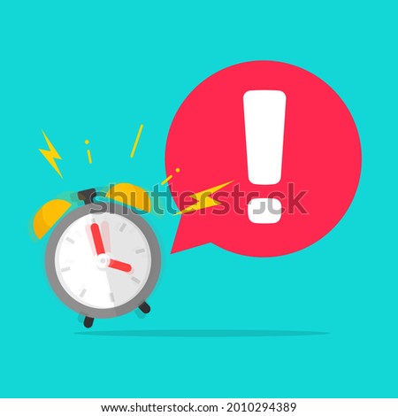 Urgency time to action important reminder caution exclamation message with alarm clock ringing with bubble speech vector flat cartoon, idea of wake up, expiration period attention alert icon