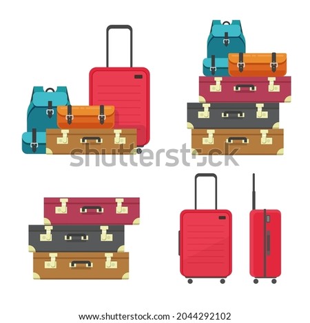 Luggage bags heap and suitcase plastic case for flight or travel baggage pile stacked isolated clipart vector flat cartoon illustration