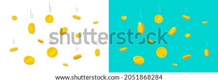 Coins falling or gold money flying rain vector flat cartoon illustration, metal cash dropping down as win or jackpot isolated on white and color background 