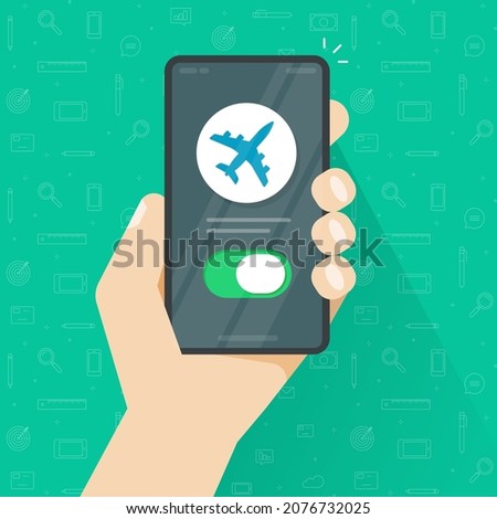 Airplane flight mode switched on phone and person man hand vector, air plane cellphone smartphone notice, cellular telephone info notification flat cartoon illustration