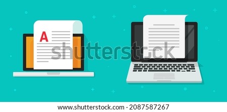Blog text article document on computer screen icons vector or copy writing and creating media content on laptop flat cartoon illustration, digital internet online paperwork modern design  