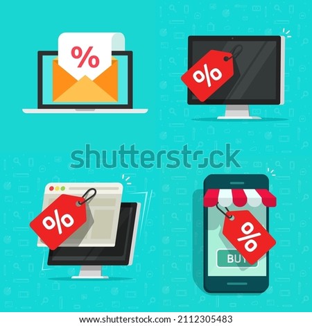 Online sale discount offer icons vector on digital store on mobile cell phone and computer or email price off promo tag for cheap internet electronic shopping deal flat cartoon illustration concept