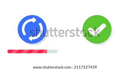 Update refresh vector icon or sync twist app, load progress bar for download ui process red color, checkmark tick complete circular button as upgrade done or change reset flat design