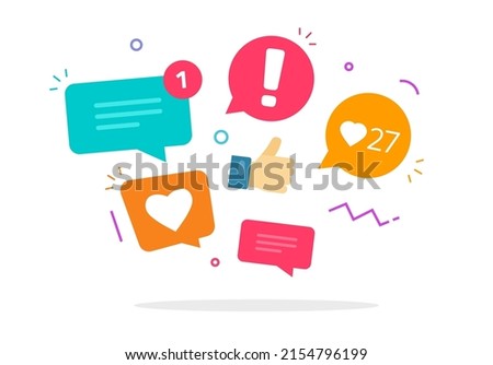 Social media market concept icon vector for digital strategy element design with chat messages, like speech bubbles notices and sms comment graphic flat cartoon illustration on white 