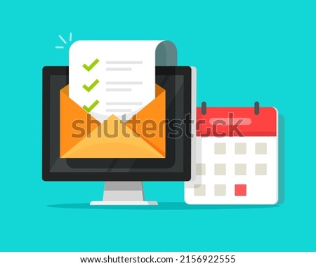 Calendar schedule task list completion vector online flat or todo checklist agenda as time management concept with computer pc and email mail with digital check marks completed document form