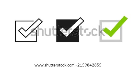 Check box icon square set or done check mark tick flat and line outline art stroke pictogram, checkbox or checkmark vote element for checklist, approve tickbox graphic shape, correct exam test choice 