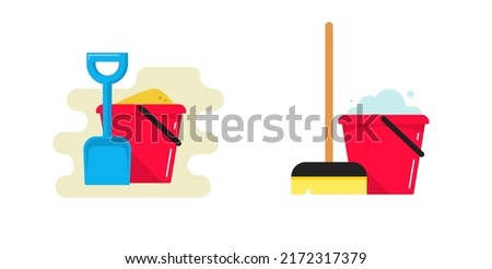 Toy bucket with sand and spade shovel vector icon or plastic pail with mop as cleaning floor service flat cartoon illustration image, sandbox play and household area symbol