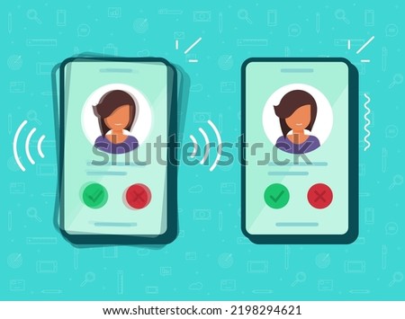 Cell phone ringing or calling smartphone set with incoming girl woman on screen flat graphic, vibrating cellular cellphone design isolated illustration cartoon image