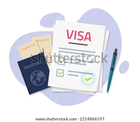 Visa application approved with stamp and passport tickets vector for international foreign travel flat graphic illustration image